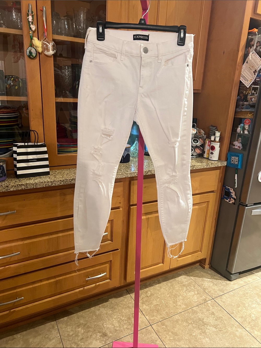 Express White Distressed Ankle Jeans